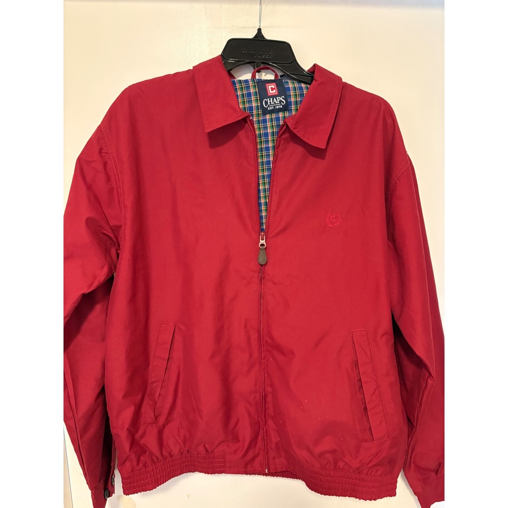 Chaps Mens Red Harrington Jacket Plaid Lined Full Zip Windbreaker Size Medium